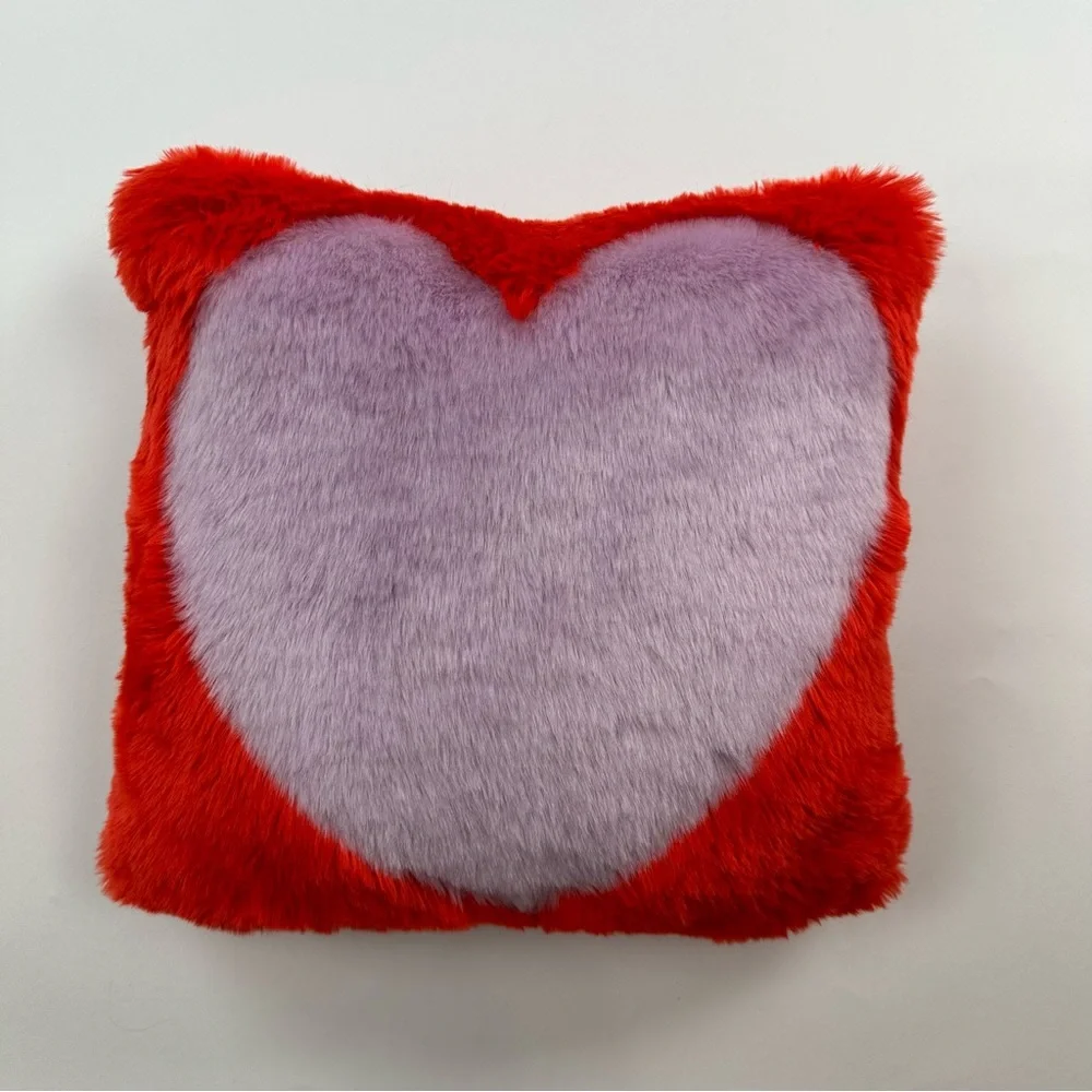 Anthropologie Faux Fur Heart Print Pillow Lilac Red 16 x 16 inches Throw Pillow